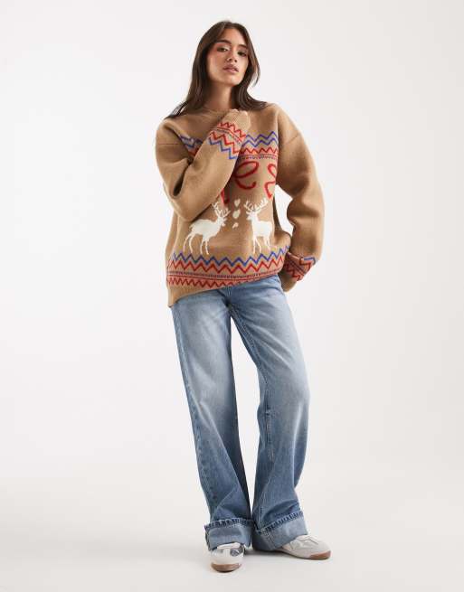 ASOS DESIGN oversized reindeer bow jumper in camel, 3 of 4