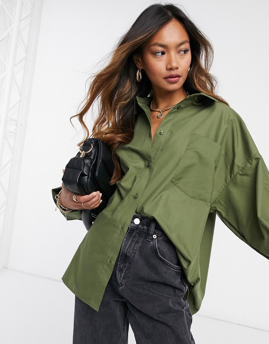 ASOS DESIGN oversized relaxed cotton dad shirt in olive-Green