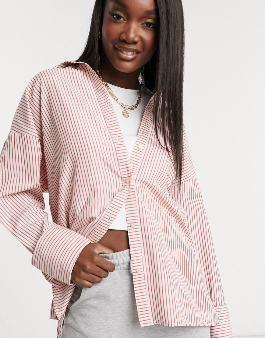ASOS DESIGN oversized relaxed cotton dad shirt in red stripe-Multi