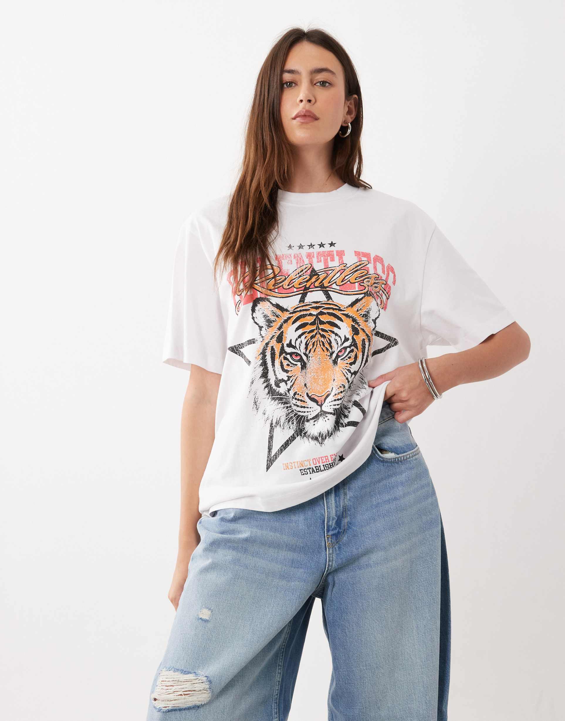 ASOS DESIGN oversized relentless tiger graphic t-shirt in white