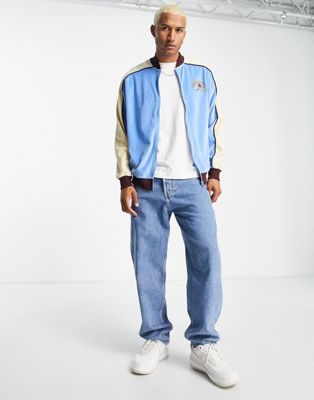 ASOS DESIGN oversized retro velour bomber jacket in blue and beige with chest embroidery - ASOS Price Checker