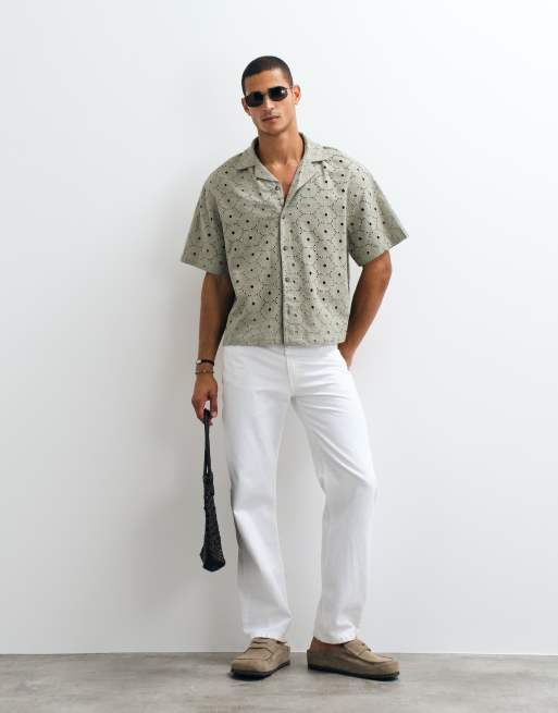 ASOS DESIGN oversized revere broidery shirt with linen in khaki, 2 of 5