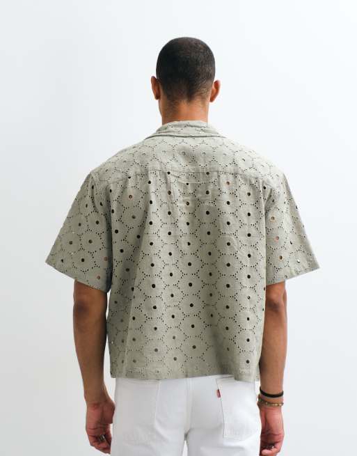 ASOS DESIGN oversized revere broidery shirt with linen in khaki, 3 of 5
