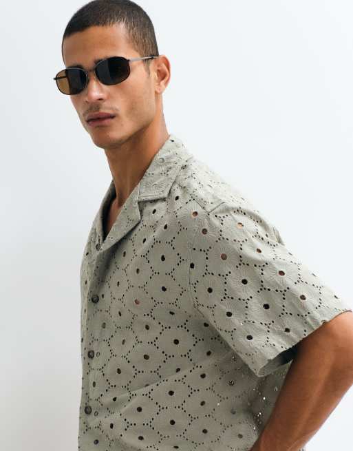 ASOS DESIGN oversized revere broidery shirt with linen in khaki, 4 of 5