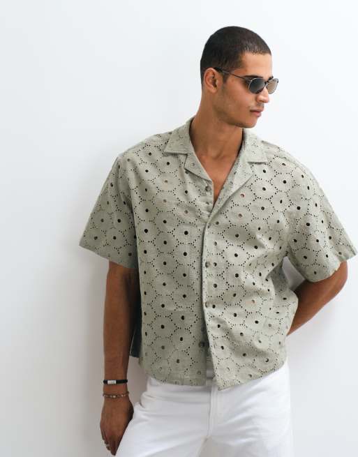 ASOS DESIGN oversized revere broidery shirt with linen in khaki, 5 of 5