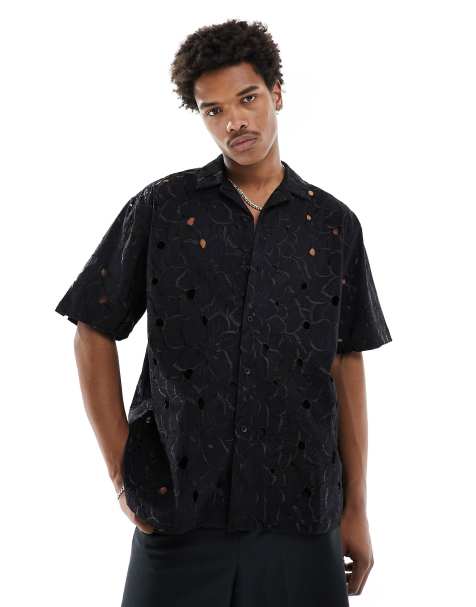 ASOS DESIGN oversized revere collar floral embroidered shirt in black - view 1