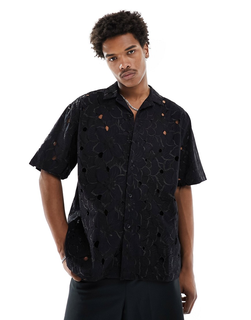 ASOS DESIGN oversized revere collar floral embroidered shirt in black