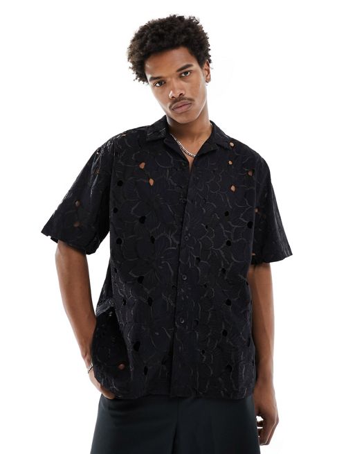 CerbeShops DESIGN oversized revere collar floral embroidered shirt in black