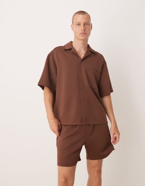 ASOS DESIGN oversized revere collar shirt in brown scuba (Part of a set) - view 1