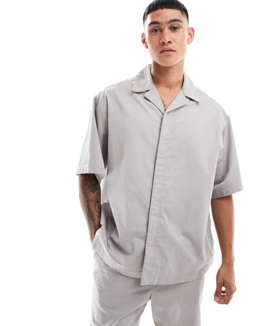 ASOS DESIGN oversized revere collar shirt in grey (part of a set)