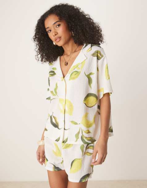 ASOS DESIGN oversized revere collar shirt in lemon print (part of a set) - view 1