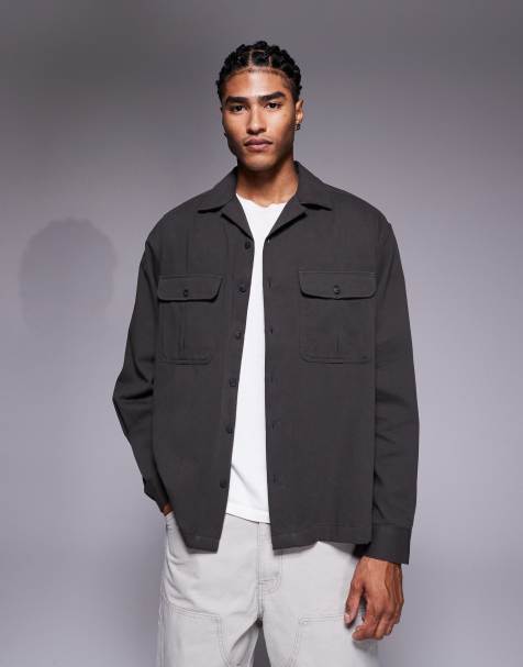 ASOS DESIGN oversized revere collar shirt with cargo pocket detail in khaki twill - view 1