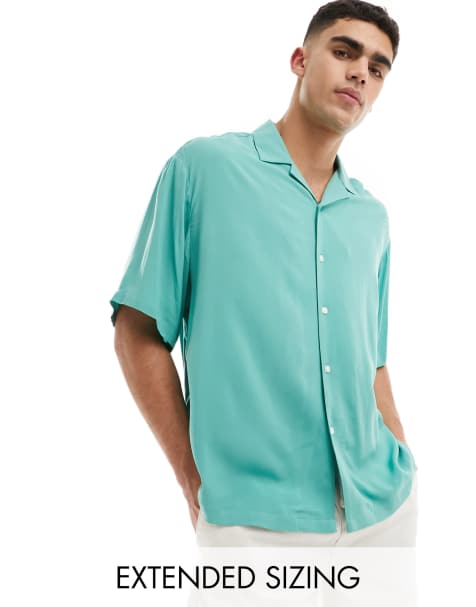 ASOS DESIGN oversized revere collar viscose shirt in teal green - view 1
