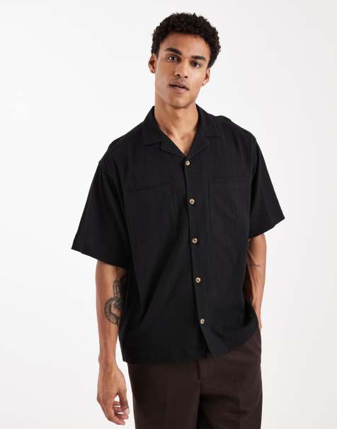 ASOS DESIGN oversized revere crinkle texture shirt in black - view 1