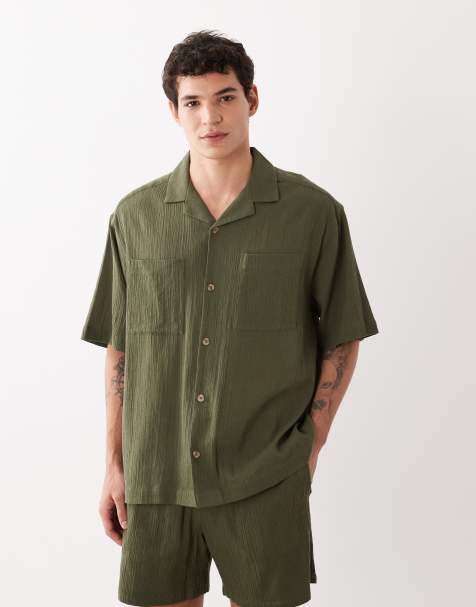 ASOS DESIGN oversized revere crinkle texture shirt in dark green (part of a set) - view 1