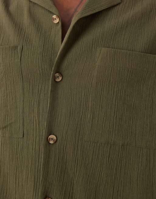 ASOS DESIGN oversized revere crinkle texture shirt in dark green, 3 of 5