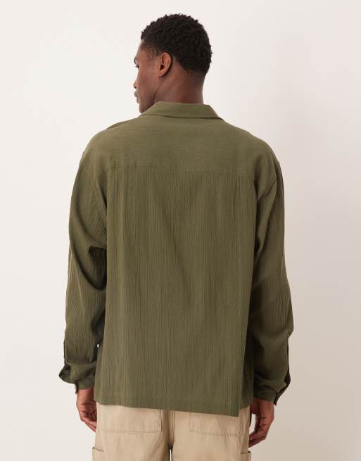 ASOS DESIGN oversized revere crinkle texture shirt in dark green, 4 of 5
