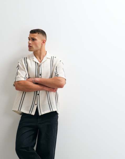 ASOS DESIGN oversized revere crochet stripe shirt in cream - view 1