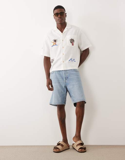 ASOS DESIGN oversized revere embroidered shirt with linen in cream, 2 of 5