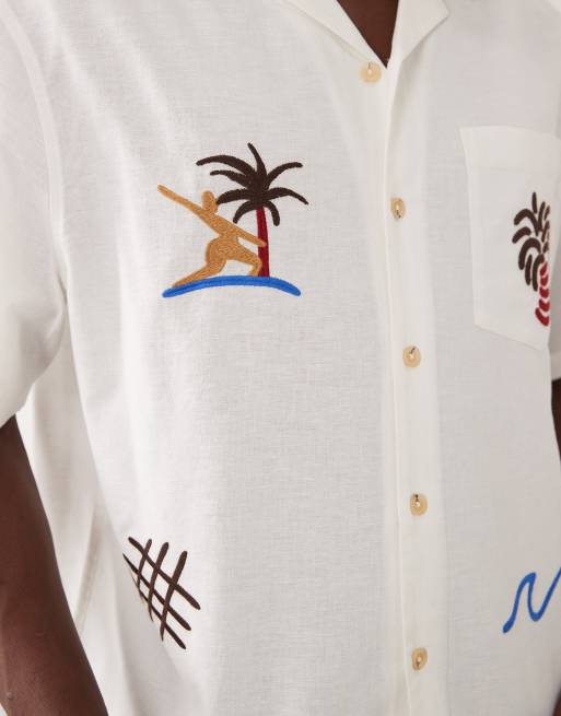 ASOS DESIGN oversized revere embroidered shirt with linen in cream, 3 of 5