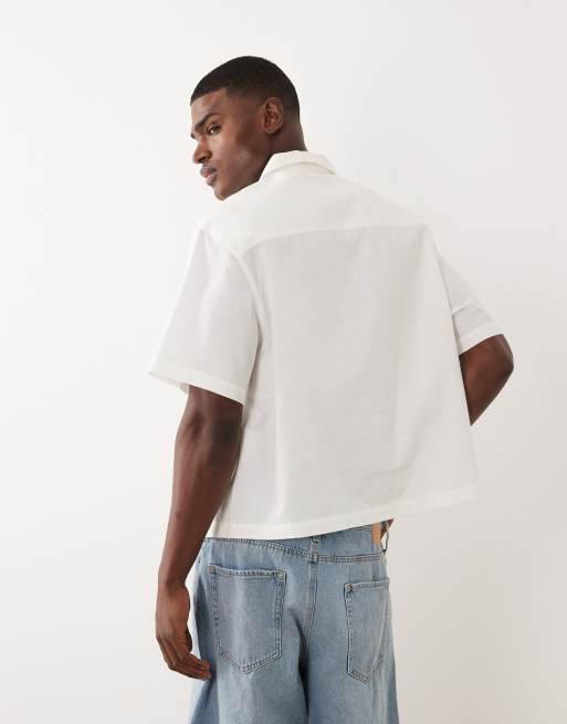 ASOS DESIGN oversized revere embroidered shirt with linen in cream, 5 of 5