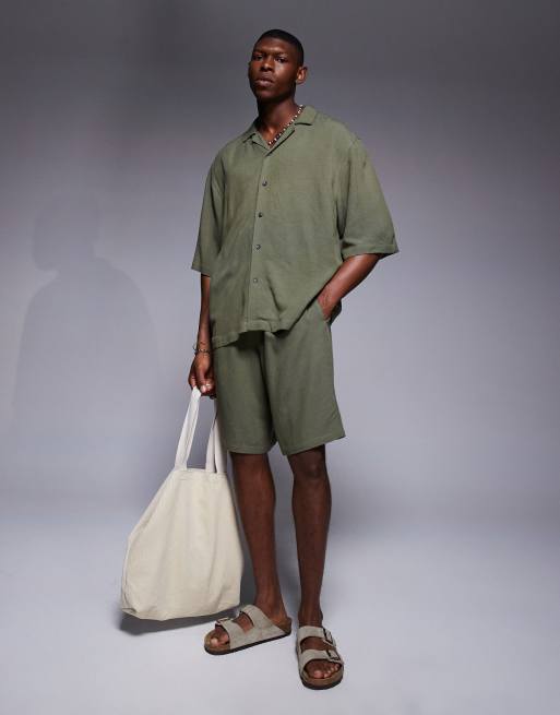 ASOS DESIGN oversized revere linen-blend shirt in green (Part of a set), 2 of 4