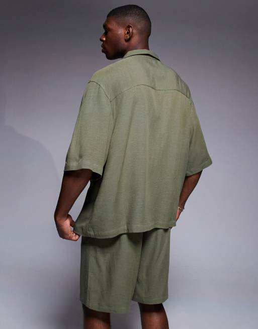 ASOS DESIGN oversized revere linen-blend shirt in green (Part of a set), 3 of 4