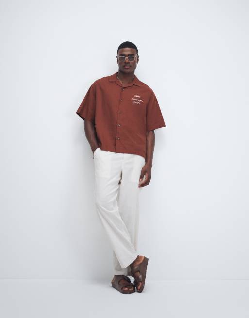 ASOS DESIGN oversized revere linen blend shirt with back and chest embroidery in brown, 2 of 9