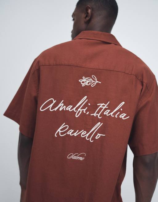 ASOS DESIGN oversized revere linen blend shirt with back and chest embroidery in brown, 3 of 9