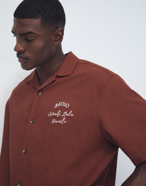 ASOS DESIGN oversized revere linen blend shirt with back and chest embroidery in brown, 4 of 9