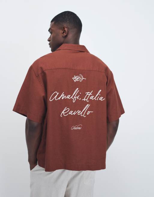 ASOS DESIGN oversized revere linen blend shirt with back and chest embroidery in brown, 5 of 9