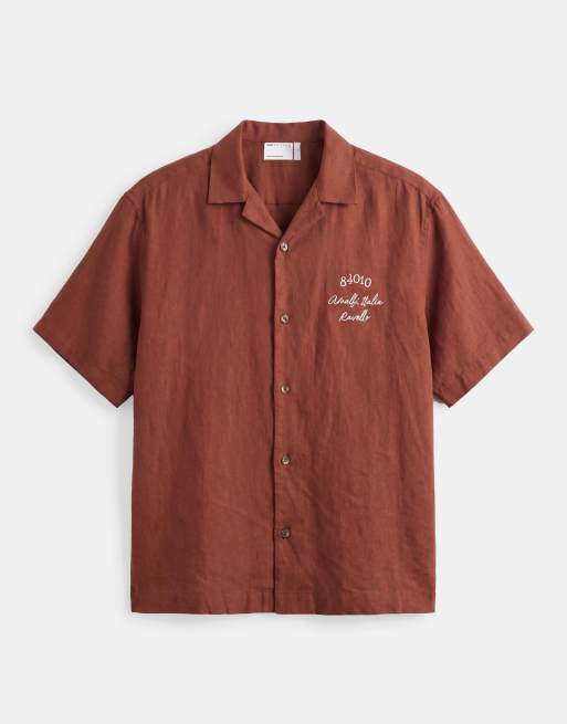 ASOS DESIGN oversized revere linen blend shirt with back and chest embroidery in brown, 6 of 9