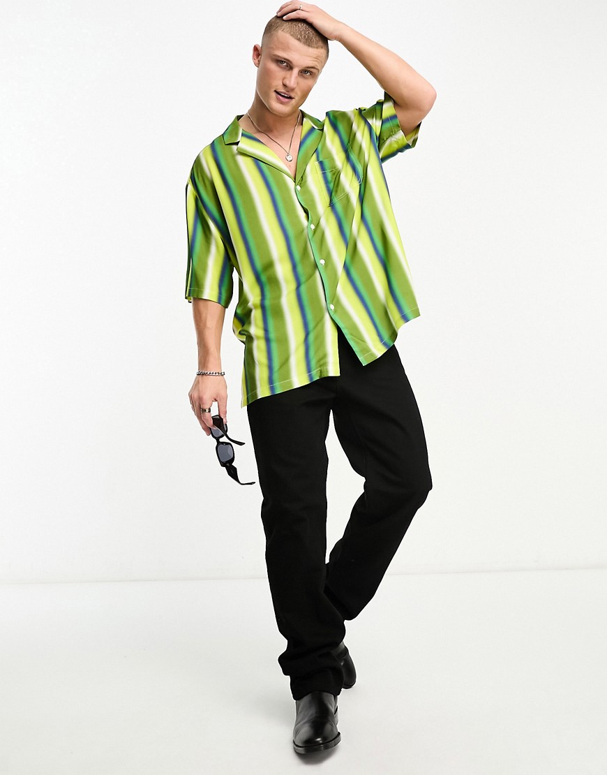 ASOS DESIGN oversized revere longline bowling shirt in green blurred stripe