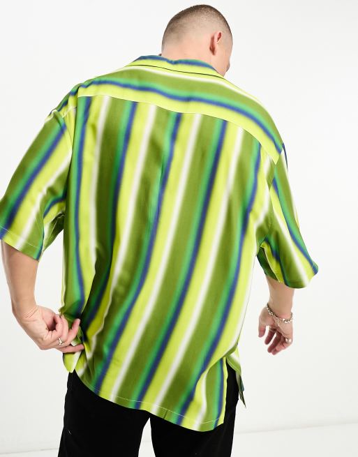 ASOS DESIGN oversized revere longline bowling shirt in green blurred stripe