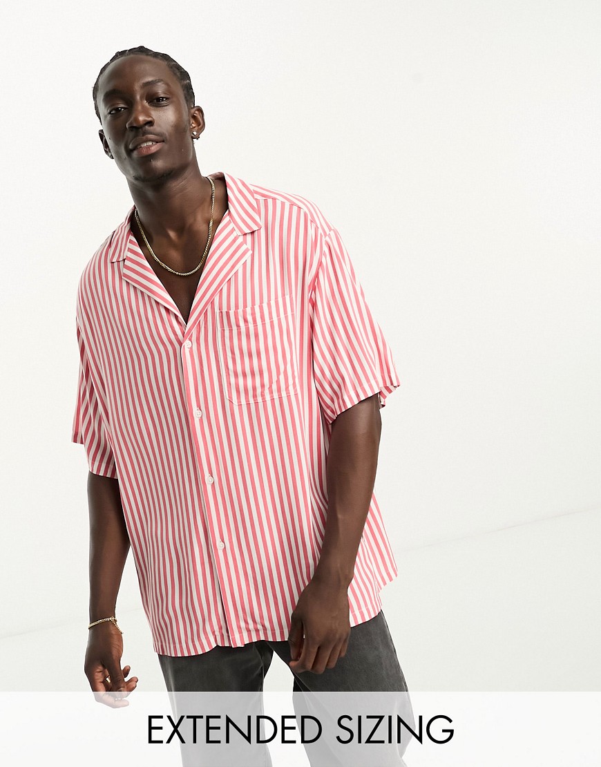 ASOS DESIGN oversized revere longline bowling stripe shirt in rust-Red