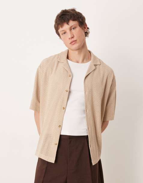ASOS DESIGN oversized revere open texture shirt in beige - view 1