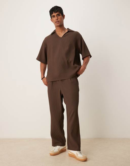 ASOS DESIGN oversized revere plisse polo shirt in brown, 2 of 4