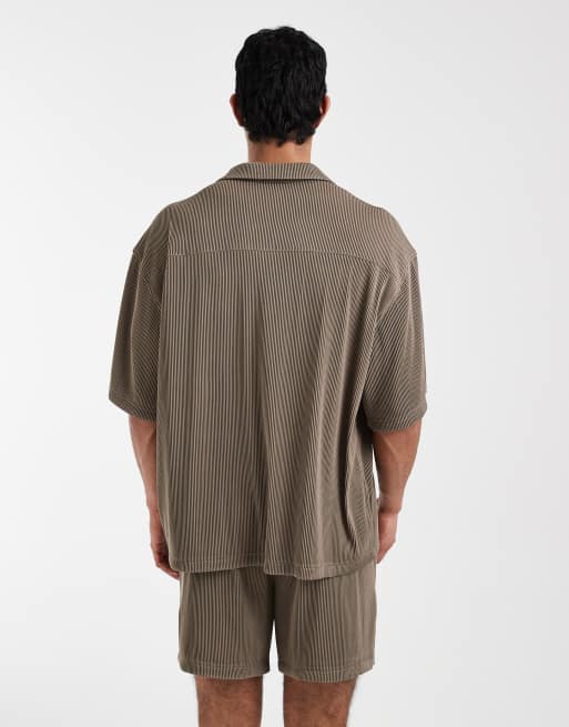 ASOS DESIGN oversized revere plisse shirt in brown (part of a set), 6 of 6