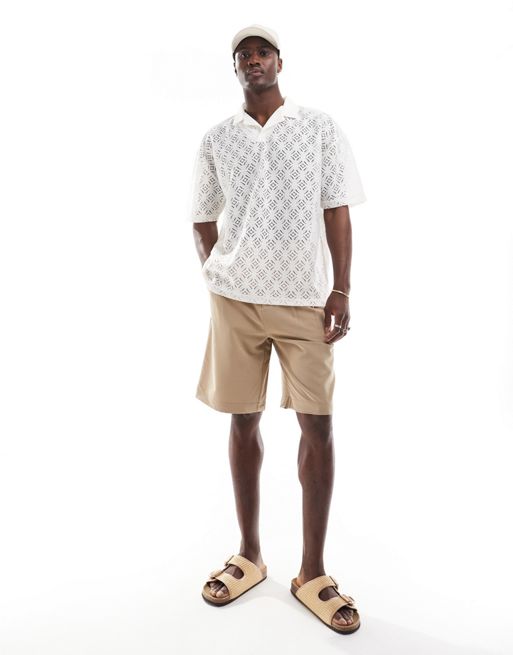 FhyzicsShops DESIGN oversized revere polo in crochet texture in off white
