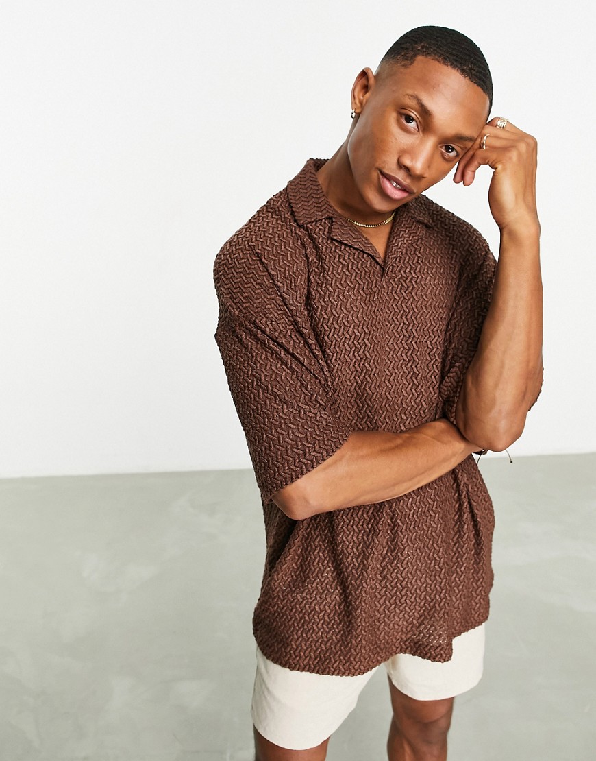 ASOS DESIGN oversized revere polo shirt in brown texture
