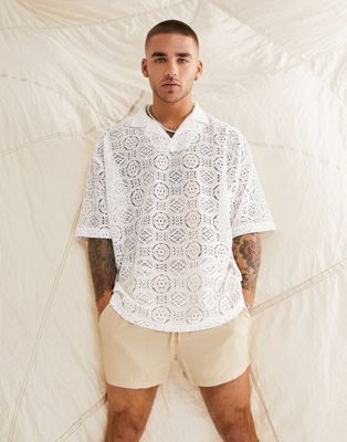 ASOS DESIGN oversized revere polo t-shirt in beige lace