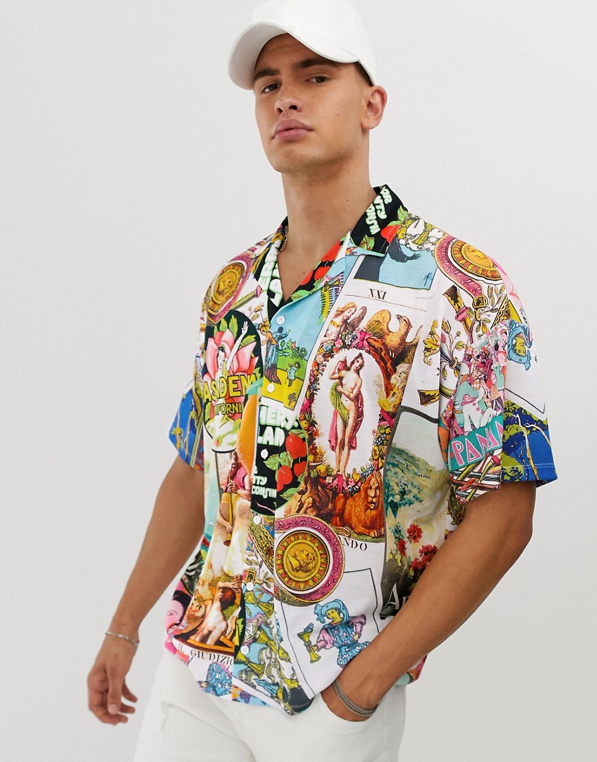 ASOS DESIGN oversized revere polo with all over mixed print-White