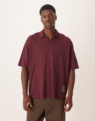 Asos Design Oversized Revere Polo With Woven Tab In Red