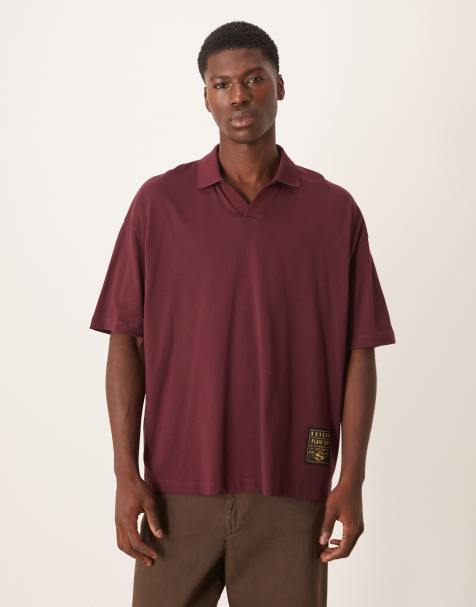 ASOS DESIGN oversized revere polo with woven tab in brown - view 1