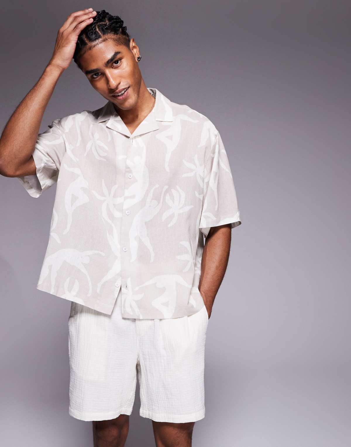 ASOS DESIGN oversized revere printed shirt in beige
