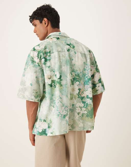 ASOS DESIGN oversized revere shirt in green floral print, 3 of 4