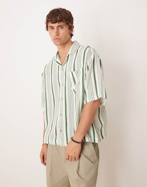 ASOS DESIGN oversized revere shirt in green stripe - view 1