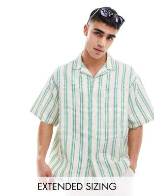 Asos Design Oversized Revere Shirt In Green Waffle Stripe