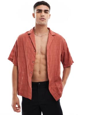 Asos Design Oversized Revere Shirt In Light Weight Texture In Rust-brown