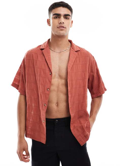 ASOS DESIGN oversized revere shirt in lightweight texture in rust
